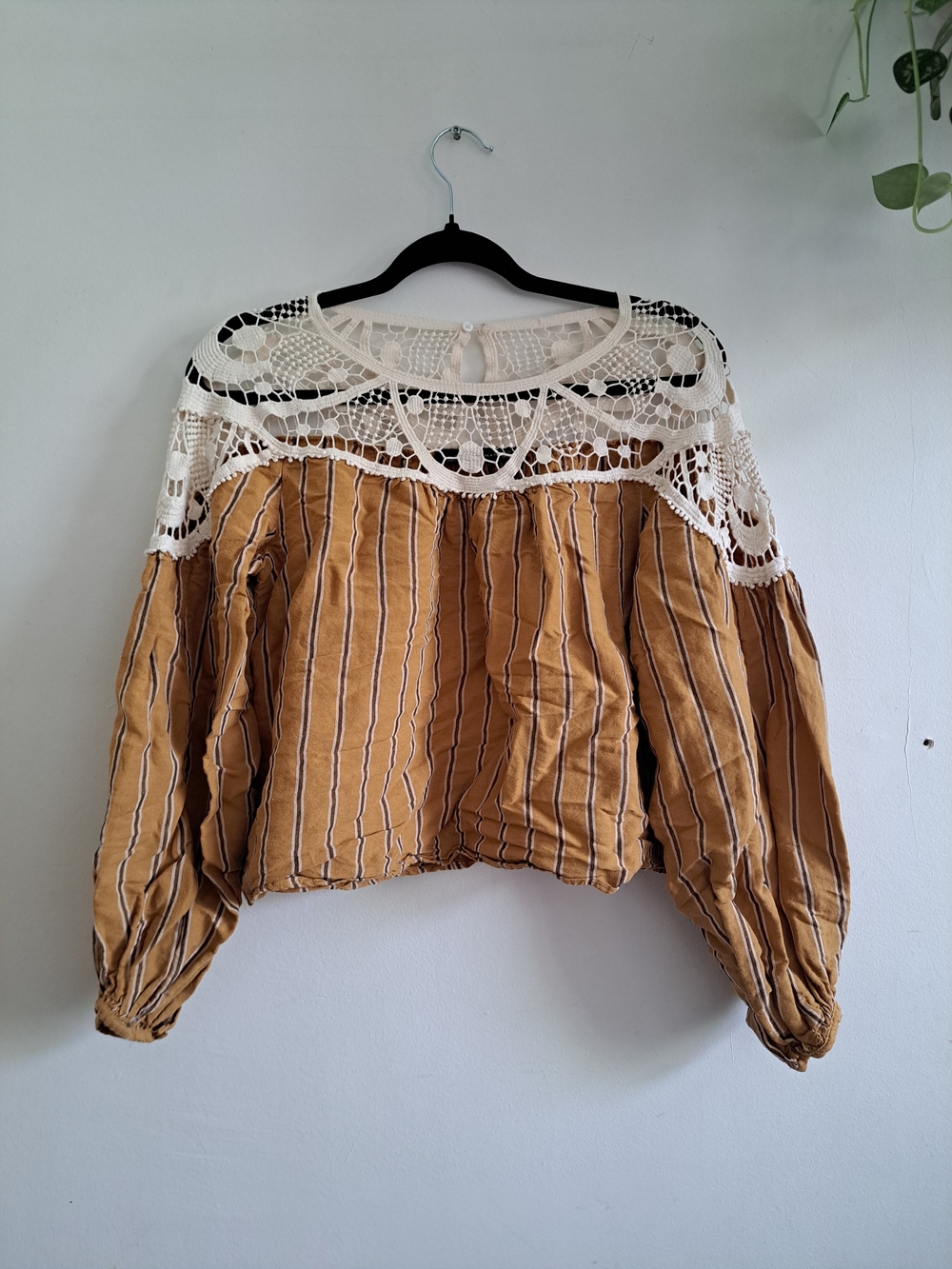 Zara Striped Crochet Yoke Blouse - Mustard and Cream Boho Bohemian